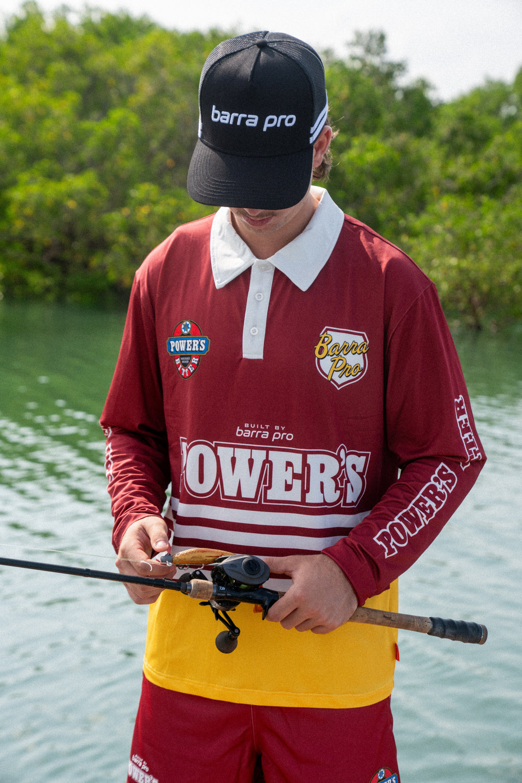 Alfie Pioneer fishing shirt – Barra Pro x Powers, maroon and gold